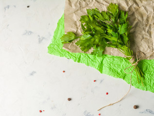 Bunch of parsley tied with string on a light stone background.