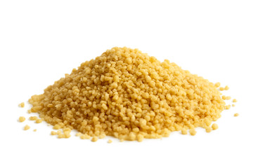 Heap of dry couscous isolated on white. - obrazy, fototapety, plakaty