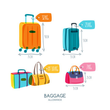 Baggage allowance isolated vector icons. Multicolor luggage, suitcase, bags with tags and labels. Checked in baggage and hand luggage for traveling by aircraft. Travel and tourism concept.