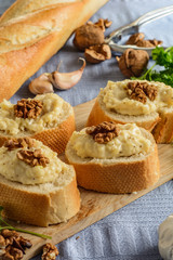 Baguette with cheese pasta and walnuts