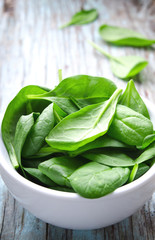 Fresh Baby spinach leaves in white bowl on blue wooden background. Top view with copy space, vertical. Healthy, Ecology concept