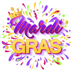 Colourful Mardi Gras carnival banner with lettering and crown. Explosion of beads, spatter, doubloons. Holiday poster or placard template.