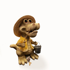 Lustiges Krokodil mit Strohhut, Angel und Eimer