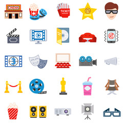 Cinema icons set. Filming and screening of films, flat design. Watching a movie, symbols collection.