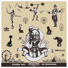  Circus and amusement vector illustrations set . Vintage style drawing © redline1980