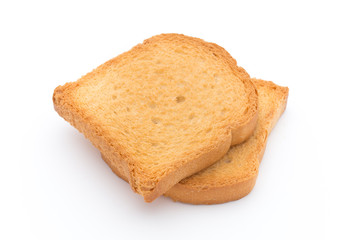 Slices of toast bread on wooden table, top view.