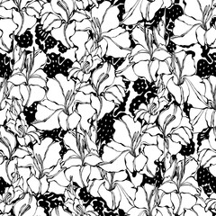 Seamless vector floral pattern. Hand-drawn  gladiolus flowers on ethnic ornament black on white background. Textile design.