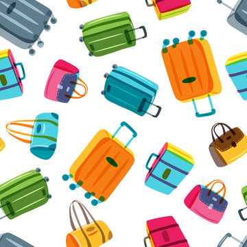 Vector seamless pattern with multicolor luggage, suitcase, bags. Hand drawn doodle illustration. Trendy design for fashion textile print, wrapping, summer travel and tourism background.