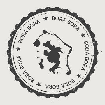 Bora Bora sticker. Hipster round rubber stamp with island map. Vintage passport sign with circular text and stars, vector illustration.