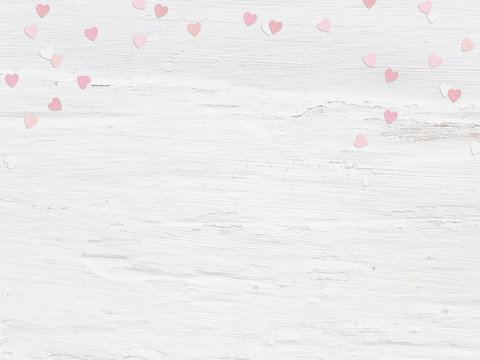 Valentines day or wedding mockup scene paper hearts confetti and empty space for text. Grunge white background, flat lay image. Top view.