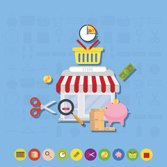 Store and icons flat vector illustrations on the theme of shopping.
