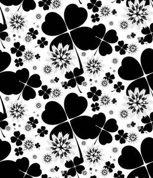 Seamless floral pattern with lucky shamrock leaves and flowers in black and white colors. Vector illustration