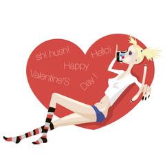 Happy valentine day. Telephone greeting. Heart logo. The girl speaks on a mobile.