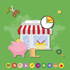 Store and icons on world map background. Flat vector illustrations on the theme of shopping.