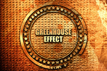 greenhouse effect, 3D rendering, text on metal