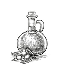 Bottle of olive oil and olive branch.