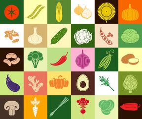 Vegetables web icon set. Food background vector. Organic food. Healthy natural ingredients. Vegan food.