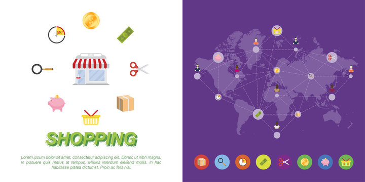Set of icons on world map background. Vector illustrations on the theme of shopping.