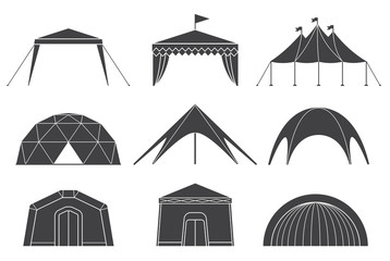 Set of various designs of tents for camping and pavilion tents. Tents for camping in the nature and for outdoor celebrations. Simple and lovable vector illustrations. © Dejan Jovanovic