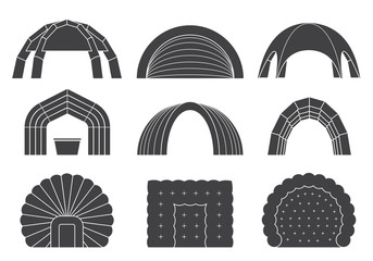 Set of various designs of inflatable tents for various purposes. Inflatable tent for event and for outdoor celebrations. Simple and lovable vector illustrations. © Dejan Jovanovic