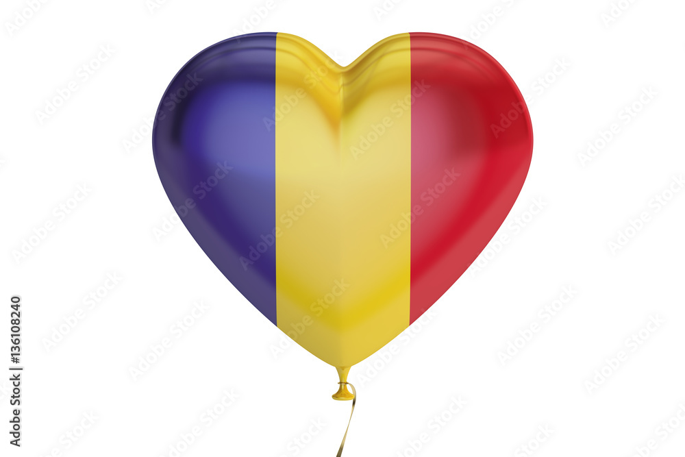 Poster balloon with romania flag in the shape of heart, 3d rendering