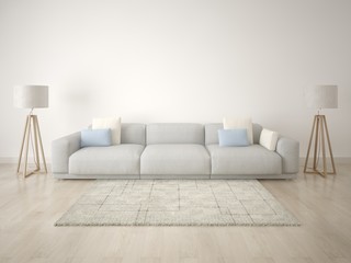 Mock up bright contemporary living room on a white wall.