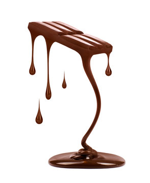 liquid chocolate flows from a chocolate bar isolated on white ba