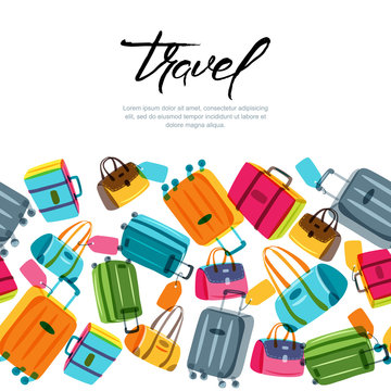 Vector seamless horizontal background with multicolor luggage, suitcase, bags and calligraphy lettering. Hand drawn doodle illustration. Trendy design concept for summer travel and tourism background