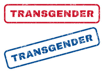 Transgender text rubber seal stamp watermarks. Vector style is blue and red ink tag inside rounded rectangular shape. Grunge design and dust texture. Blue and red signs.