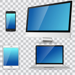 Set of realistic computer monitors, laptops, tablets and mobile phones