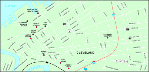 Plakat Cleveland Downtown Map with Streets