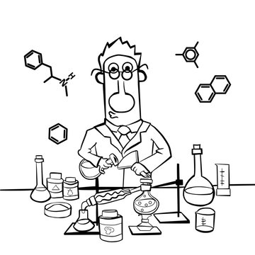Chemist work in a laboratory. Professor conducts synthesis with