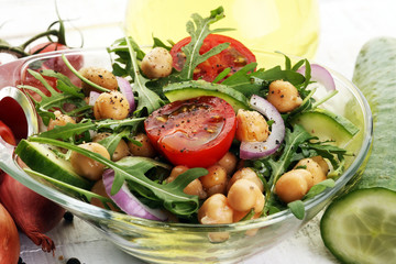 Healthy homemade chickpea and veggies salad, arugula, diet, vege