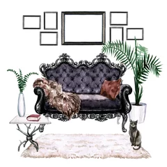 Keuken spatwand met foto Living Room with Bohemian Chic Interior - Watercolor Illustration. © nataliahubbert