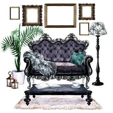 Living Room with Bohemian Chic Interior - Watercolor Illustration.