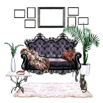Living Room with Bohemian Chic Interior - Watercolor Illustration.