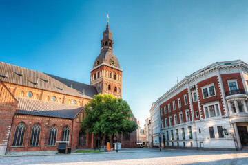 Fototapeta premium Riga, Latvia. Dome Cathedral In Sunny Evening Light Under Blue Sky