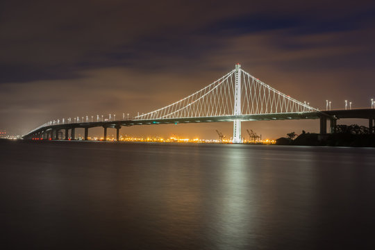 Bay Bridge's Eastern Span Replacement at Night. Treasure Island, San Francisco, California, USA.