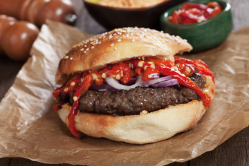 Pljeskavica, serbian style burger sandwich