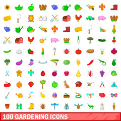 100 gardening icons set, cartoon style