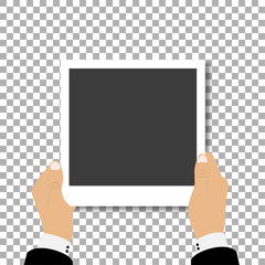Two hands holding a retro photo frame with shadow on the background isolate, stylish vector illustration