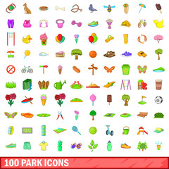 100 park icons set, cartoon style