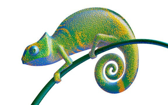 Green and purple chameleon, view side, 3d rendering.