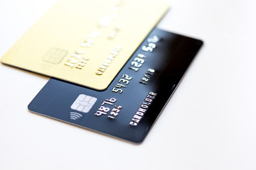 pile of credit cards on white background