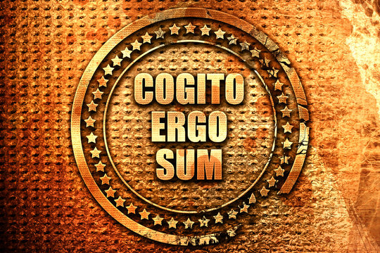 cogito ergo sum, 3D rendering, text on metal