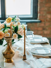 Table with floristic and decor for bride and groom. Still life