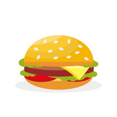 Vector hamburger. Fast food. Delicious meat sandwich with cheese and vegetables. Vector, illustration isolated on white background EPS10.