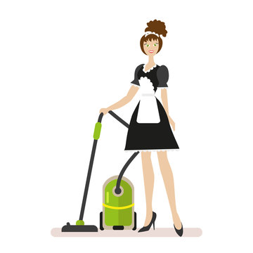 Housekeeper with a vacuum cleaner in working clothes isolated on white background. Flat character isolated on white background. Vector, illustration EPS10.