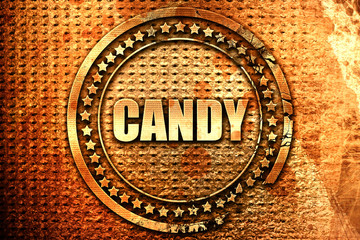 candy, 3D rendering, text on metal