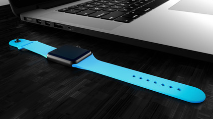 Laptop and silver aluminum watch with blue stripe.